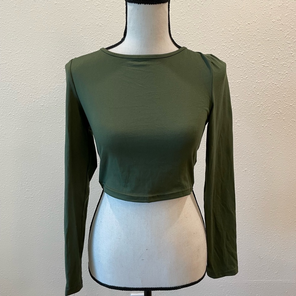 SHEIN Long Sleeved Crop Top Back Tied Solid Criscross Tee Olive Green